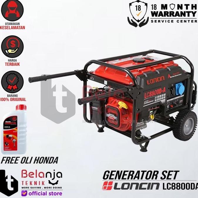 JUNJI- Loncin Mesin Genset LC 8800 DA 6500 Watt Bensin 100% Tembaga AVR 220V 50Hz Single Phase Garan