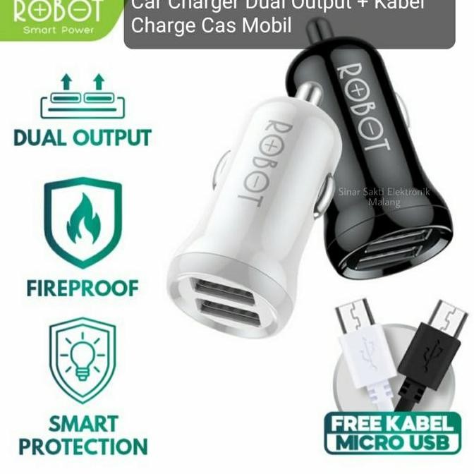 Robot Car Charger HP Dual Output + Kabel USB Charge Cas Colokan Mobil SKR