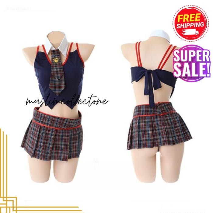 LINGERIE COSPLAY PRAMUGARI WANITA SEXY HOT WANITA DEWASA FIT TANKTOP MINI ROK MOTIF KOTAK KOTAK SPAN