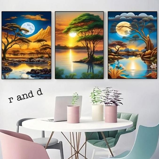 DF386>> Hiasan Dinding Lukisan Pemandangan Ukuran 47x31, Dekorasi rumah poster pemandangan alam ukur