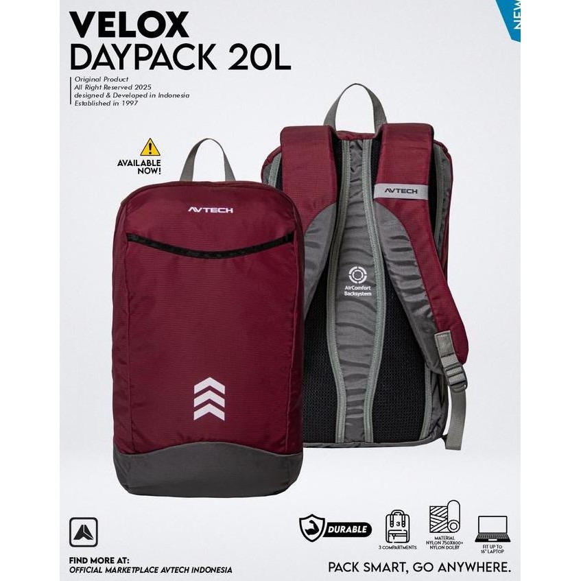 Avtech - Tas Ransel Daypack Laptop Harian Sekolah Kerja Travel Bag Lifestyle 20 Liter - Velox 20