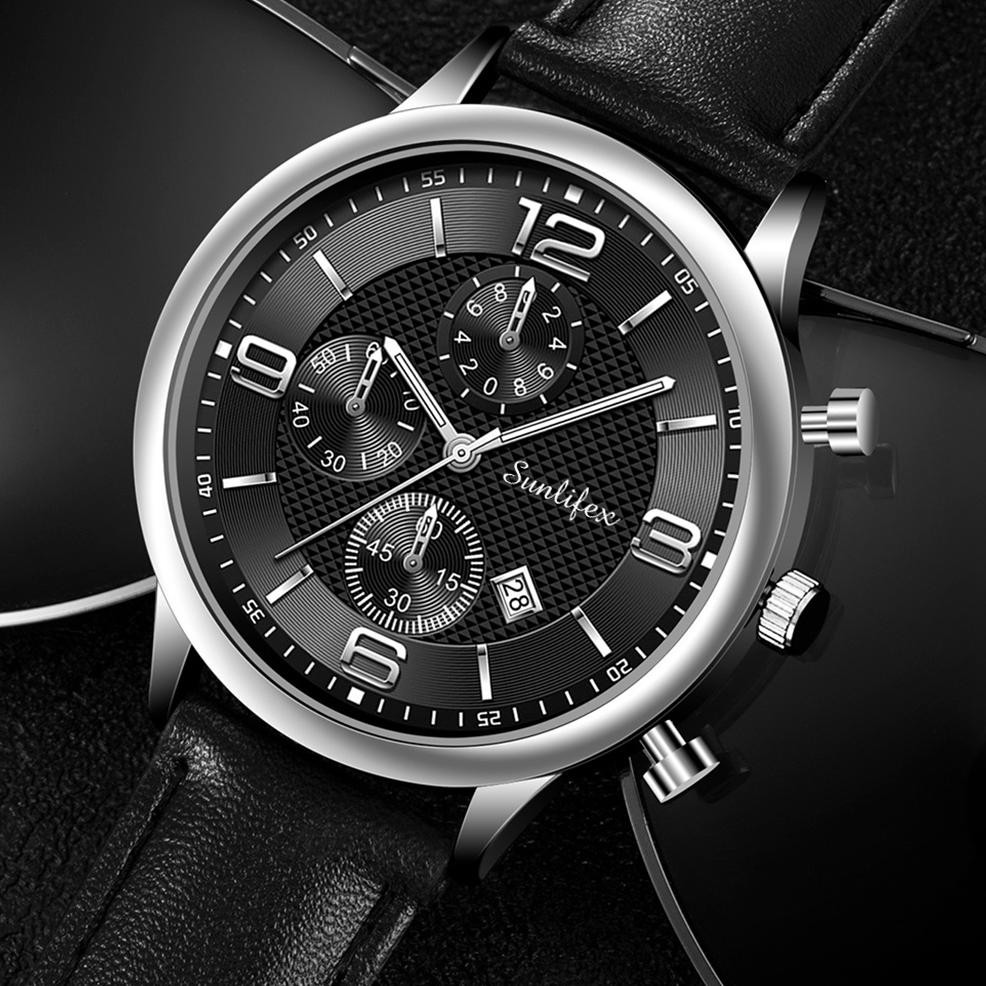 Promo.. Sunlifex Jam Tangan Pria Kalender Kuarsa Bisnis Klasik Anti Air Tali Kulit Jam Tangan Cowok 