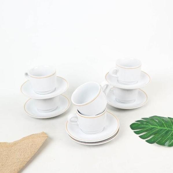 Cangkir Keramik Garis Emas 6 Pcs Set Dengan Tatakan 3 Pilihan Warna Elegan Putih Hitam Food Grade Be