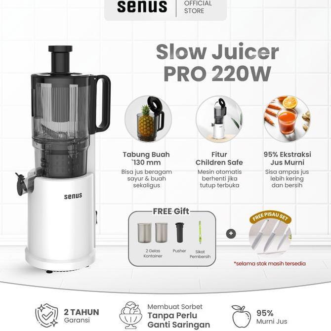 Senus Slow Juicer Pro 220W - Pengekstrak Buah 95% Tanpa Ampas  Mudah Dibersihkan Mesin