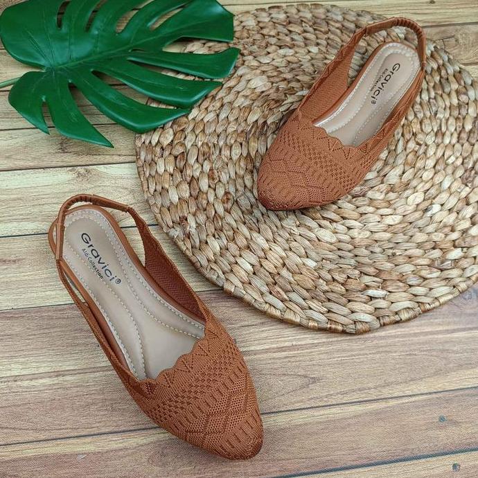 Caw- Sepatu Flat Shoes Nita Bahan Rajut Gravici Fl-01 Hitam Kerja Karet Sandal Nita Flat Shoes Mules