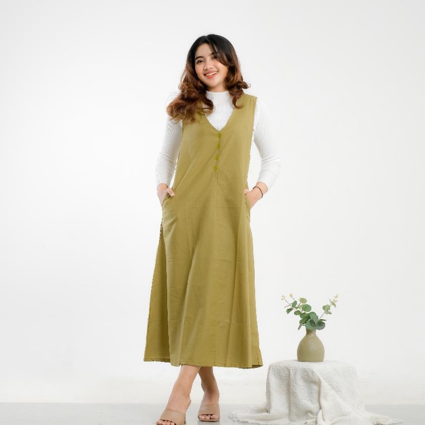 Haura Overall Polos Linen Long Dress Korean Look Kancing Depan