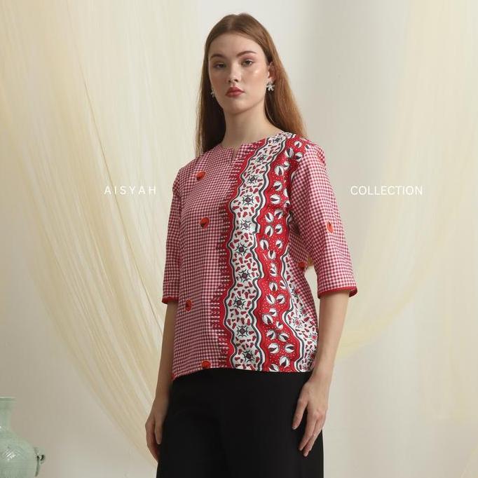 Camisa - Aisyah Collection -Merah Putih -  Kotak Cengkeh Pala - Atasan Etnik Maluku - Baju Cele Ambo