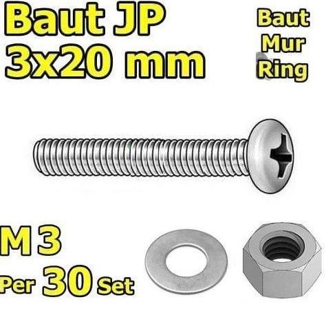 X30 SET BAUT MUR RING M3 X 20MM M3X20 M3X20MM JP3 3MM 3X20 3X20MM 3 X 20MM BAUT OBENG SET BAHAN GALV