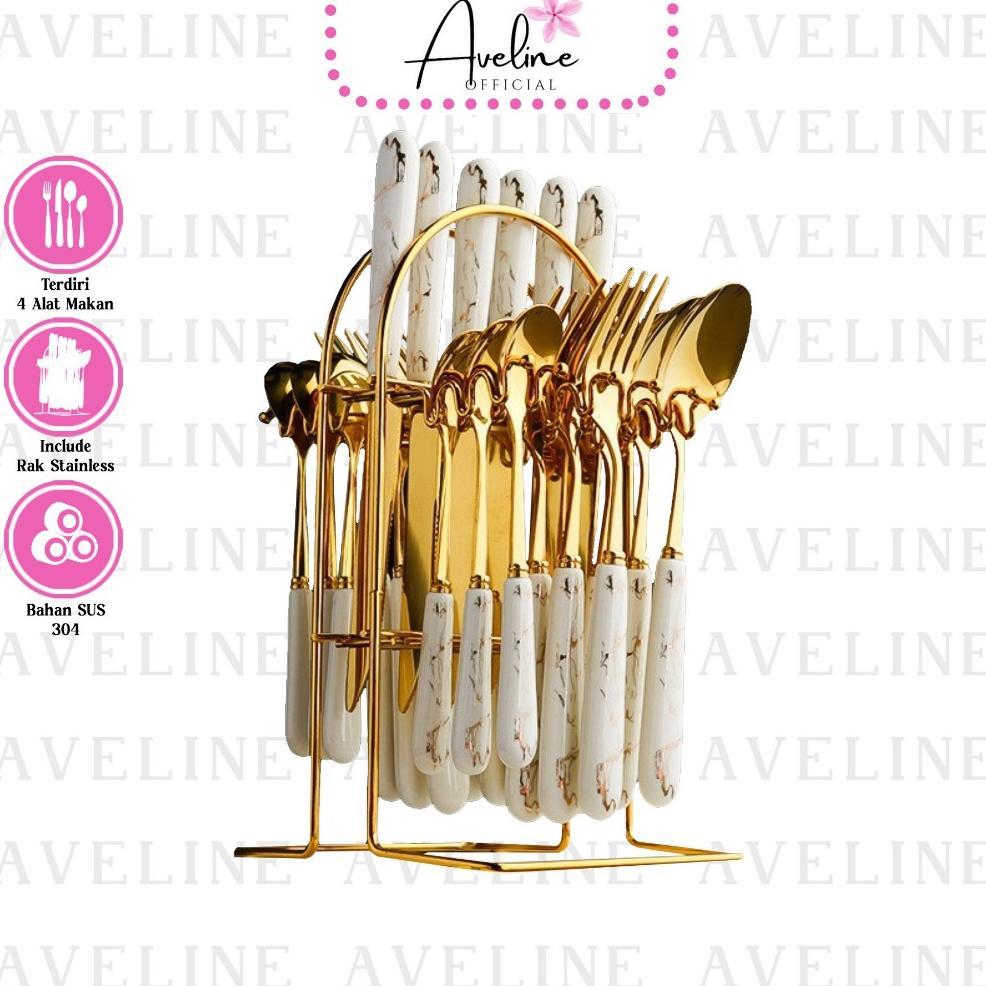 Aveline Sendok Set Sultan / Sendok Gold / Cutlery Set / Stainlees Set  / Sendok Set Marble / Rak Sen