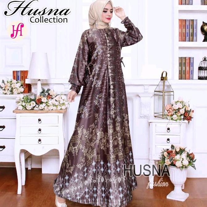 Dress- Husna Dress Gamis Maxmara Silky Motif Salsa- Dress Resleting Busui - Pakaian Kondangan Nita -