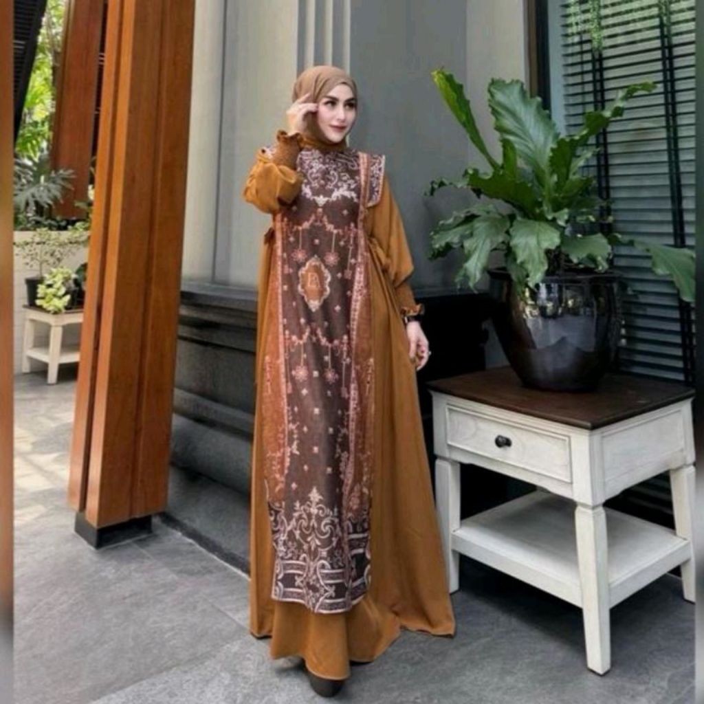 Ristya Dress Caramel & Burgundy Exlusive By Elly Arsy Only Gamis (Tanpa Hijab) Bu