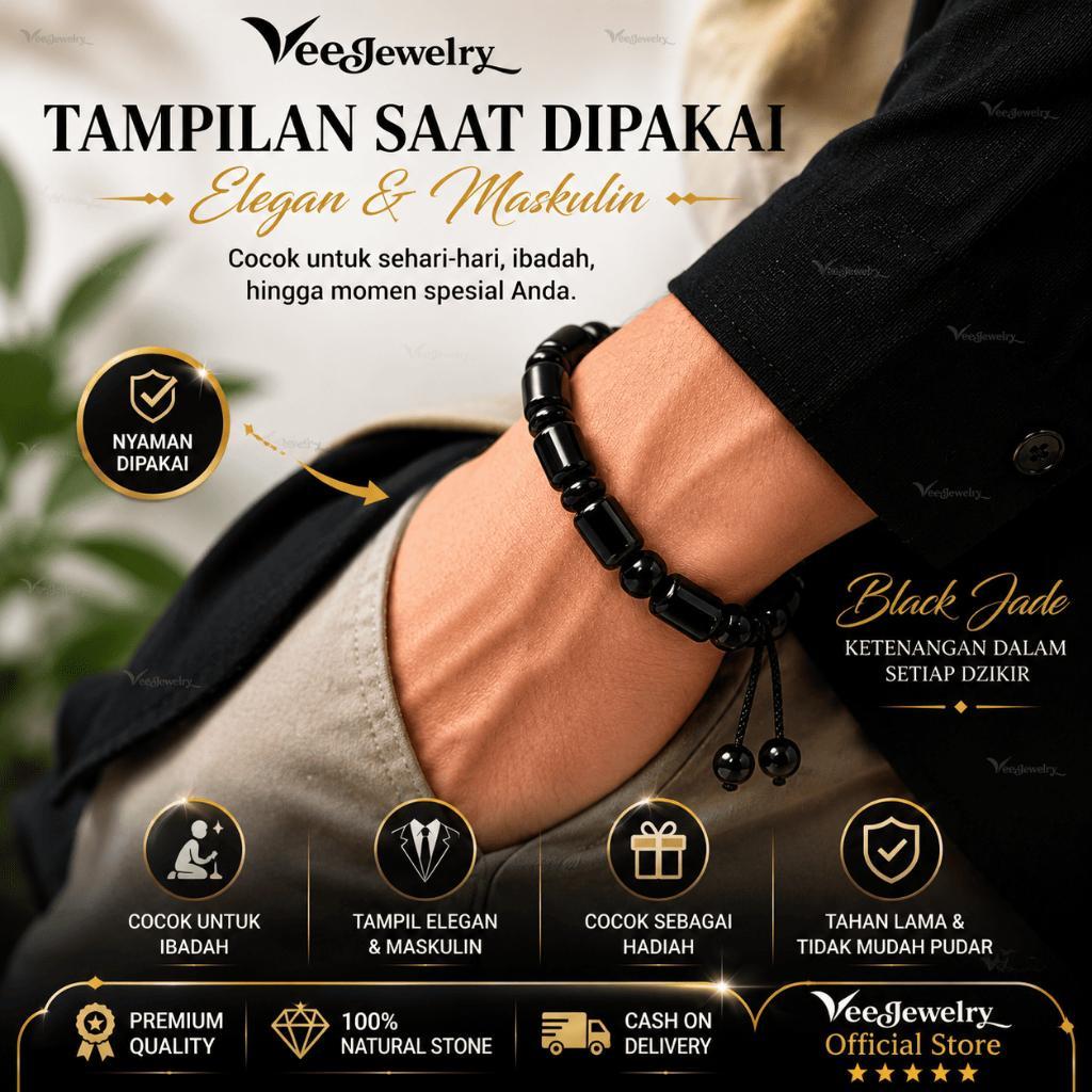 Gelang Tali Batu Giok Hitam Asli Cina - Gelang Viral/Kekinian/Couple - Vee Black Jade Feng Shui
