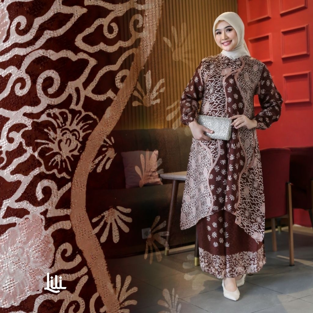 malikashoping,set tunik dobby sutra viscose,gamis batik,set batik wanita kondangan kekinian