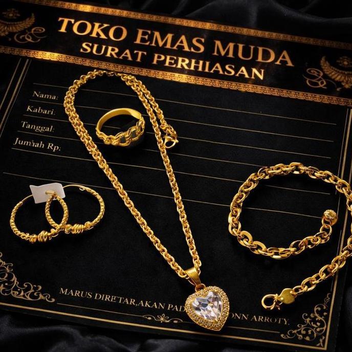 Jewe- Set Perhiasan Nita Kalung Nuri Liontin Permata Love Berlapis Emas Muda Perhiasan Fashion