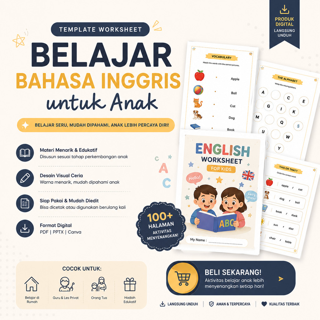 Worksheet Template Bundel Belajar bahasa inggris untuk anak