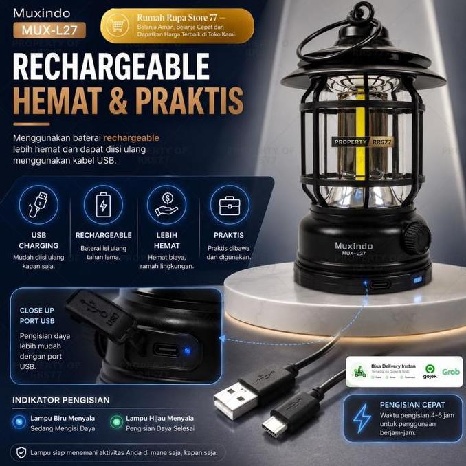 Lampu emergency / camping led cob lentera Muxindo Mux L27 cahaya kuning bisa dimmer terang redup