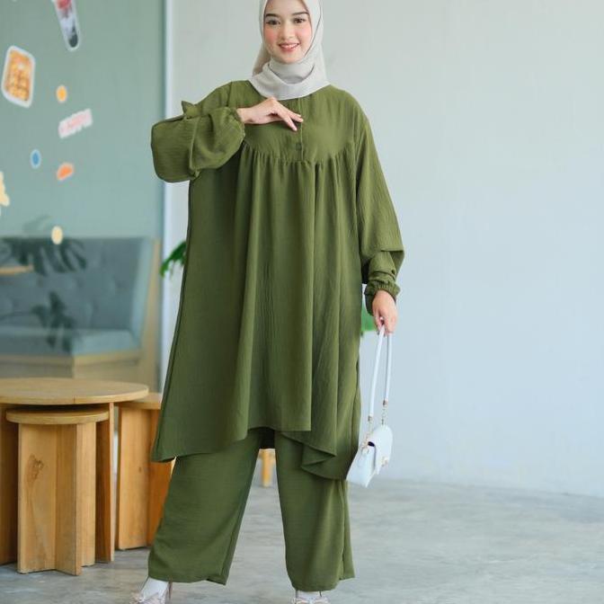 Oioioi- Ga Setelan Crinkle Jumbo Ld 130 150 Baju Tunik Set Kekinian Ootd Rempel Xxxl Airflow Kancing