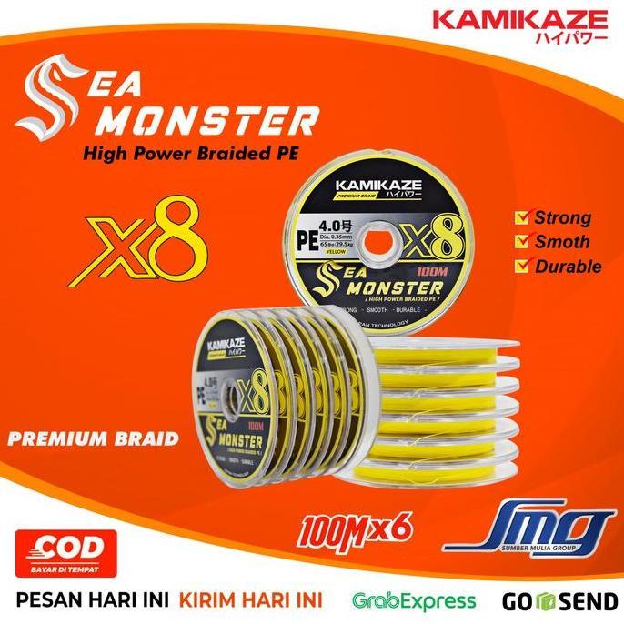 Terbaik KAMIKAZE Senar PE  SEA MONSTER X8 Yellow 100m, Connecting Mancing Laut Senar Pancing PE Jigg