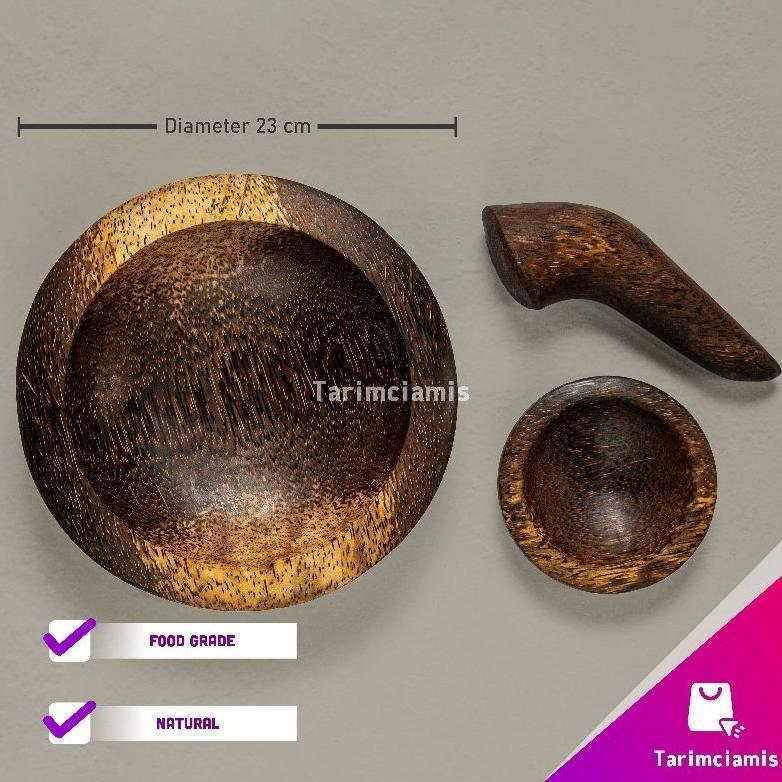 cobek set kayu aren premium bulat 23cm + tempat sambal