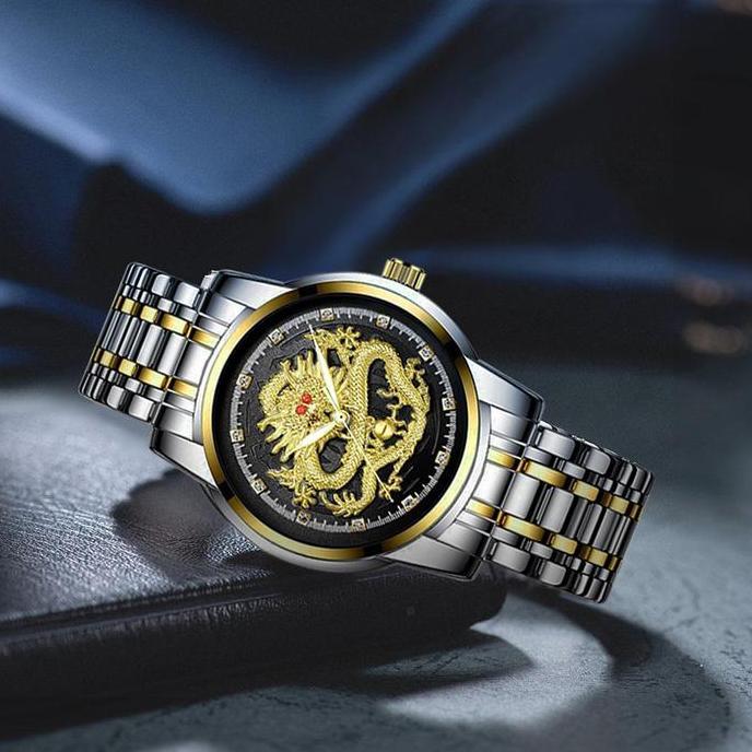 Waer- Sunlifex Jam Tangan Pria Naga Emas Stainless Steel Dragon Gold Quartz