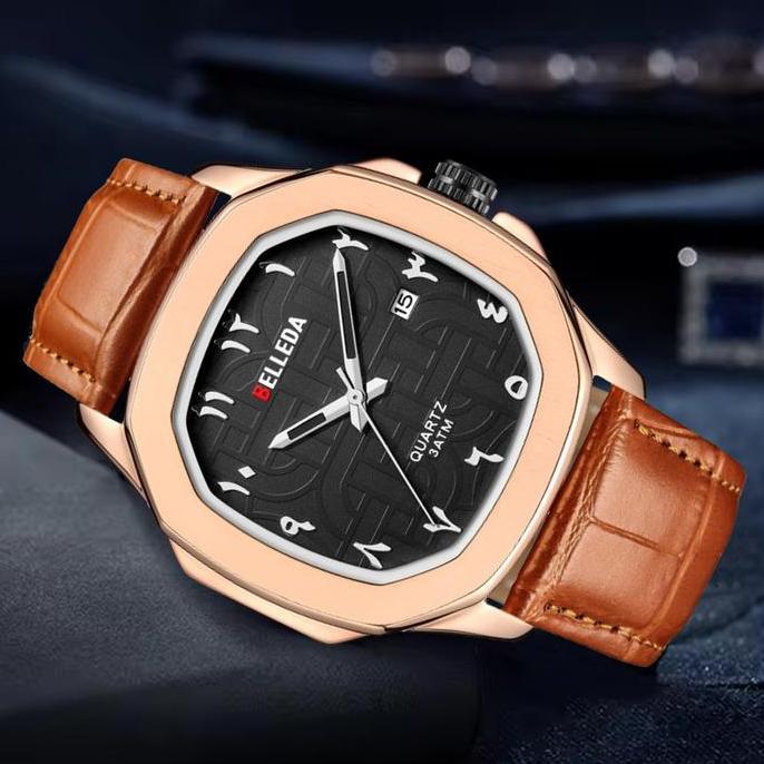 Waer- Diskon Jam Tangan Belleda 9484-2 Analog Strap Leather Arbick Namber Anti Air