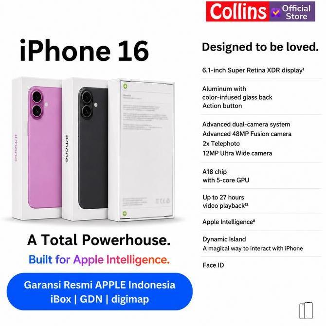 [COLLINS X ONETECH] APPLE iPhone 16 128GB 256GB 512GB A18 CPU 6C GPU 5C OLED Resmi GDN DIGIMAP iBOX