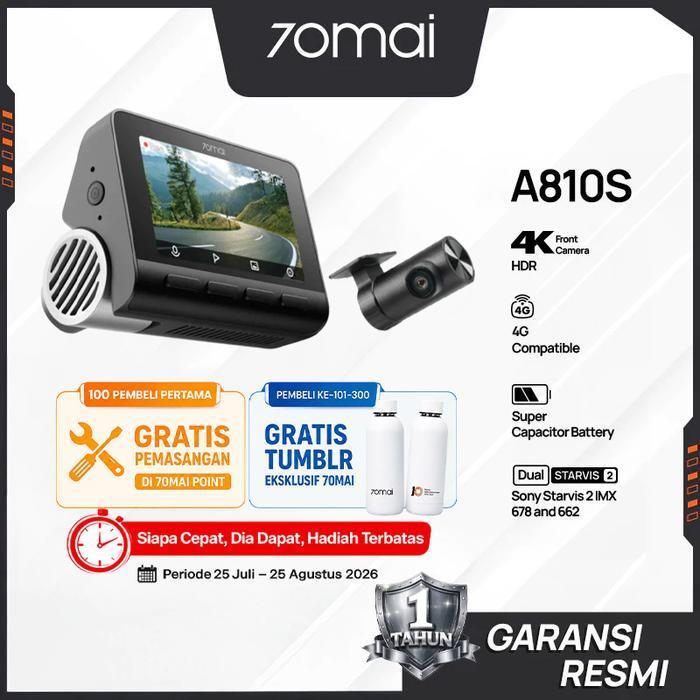 70MAI DASH CAM A810S SET 4K 4G WIFI 6 GPS KAMERA DEPAN BELAKANG NIGHT VISION HDR PARKIR 24 JAM ANTI 