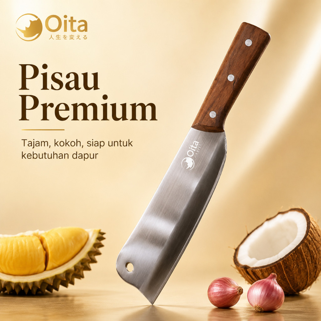 Oita Pisau Durian 5mm Stainless Steel Gagang Kayu, Pisau Tebal untuk Buka Durian dan Potong Daging