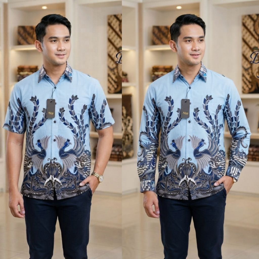 Kemeja Batik Pria Warna Blue Ice / Biru Langit Modern Lengan Pendek & Panjang Motif Kombinasi Elegan