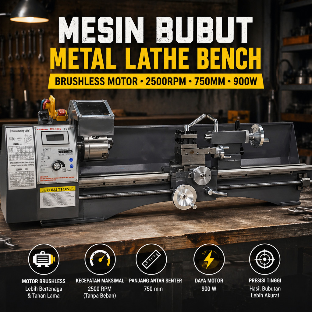 Mesin Bubut Besi Metal Lathe Bench Brushless 900W Alat Bubut Logam Meja Presisi Pertukangan Industri