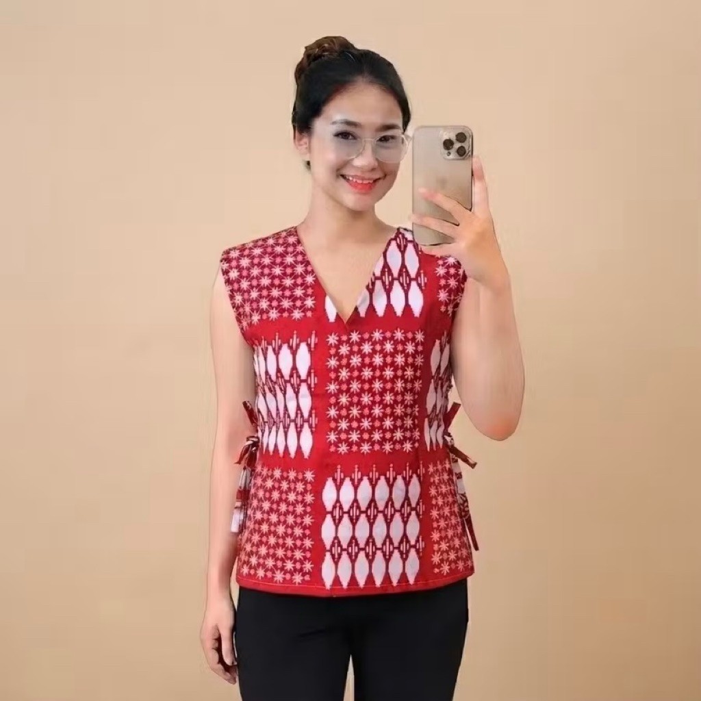 Rompi Batik Wanita Modern Vest Batik Wanita Outer Style Kerja Bahan Katun Premium Merah Putih