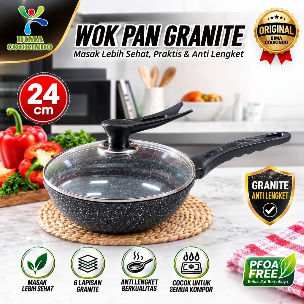 Wajan Granite 24 cm Anti Lengket Original BIMA COOKINDO + Tutup Kaca | Wok Pan Non Stick Premium