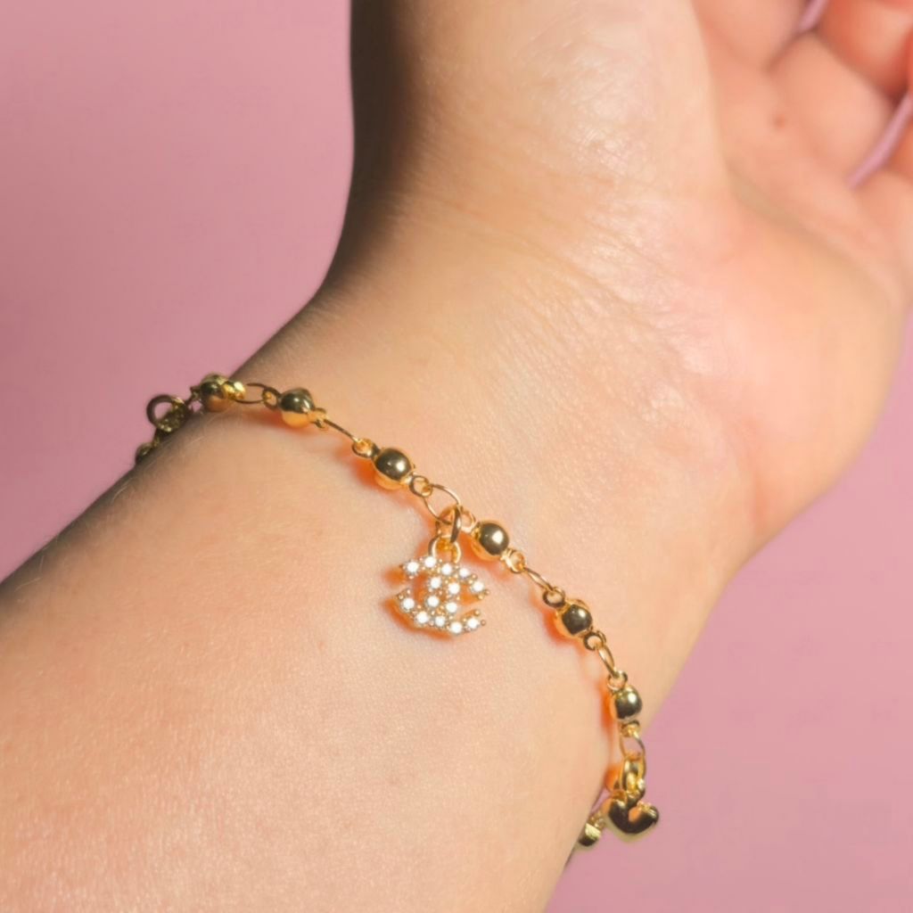 gelang tangan wanita rantai bola kecil+bandul love