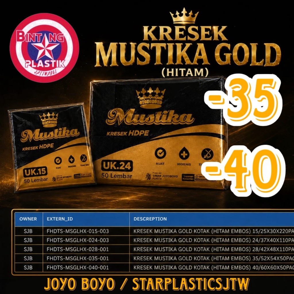 S(1 Pack isi 50lbr) Kantong Plastik HD Kresek Besar MUSTIKA GOLD / BOYO / DELMAN Ekonomis Uk 35 / 40