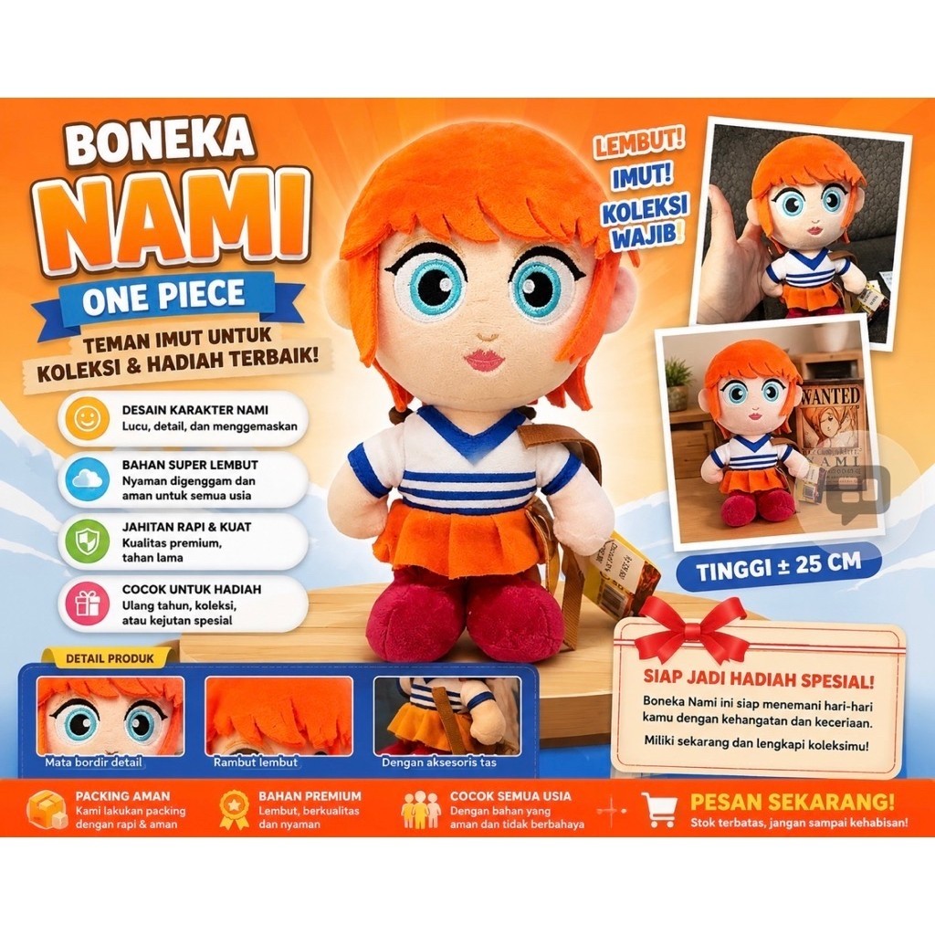 Boneka Nami One Piece Plush Doll Lembut Premium Cocok untuk Koleksi dan Hadiah