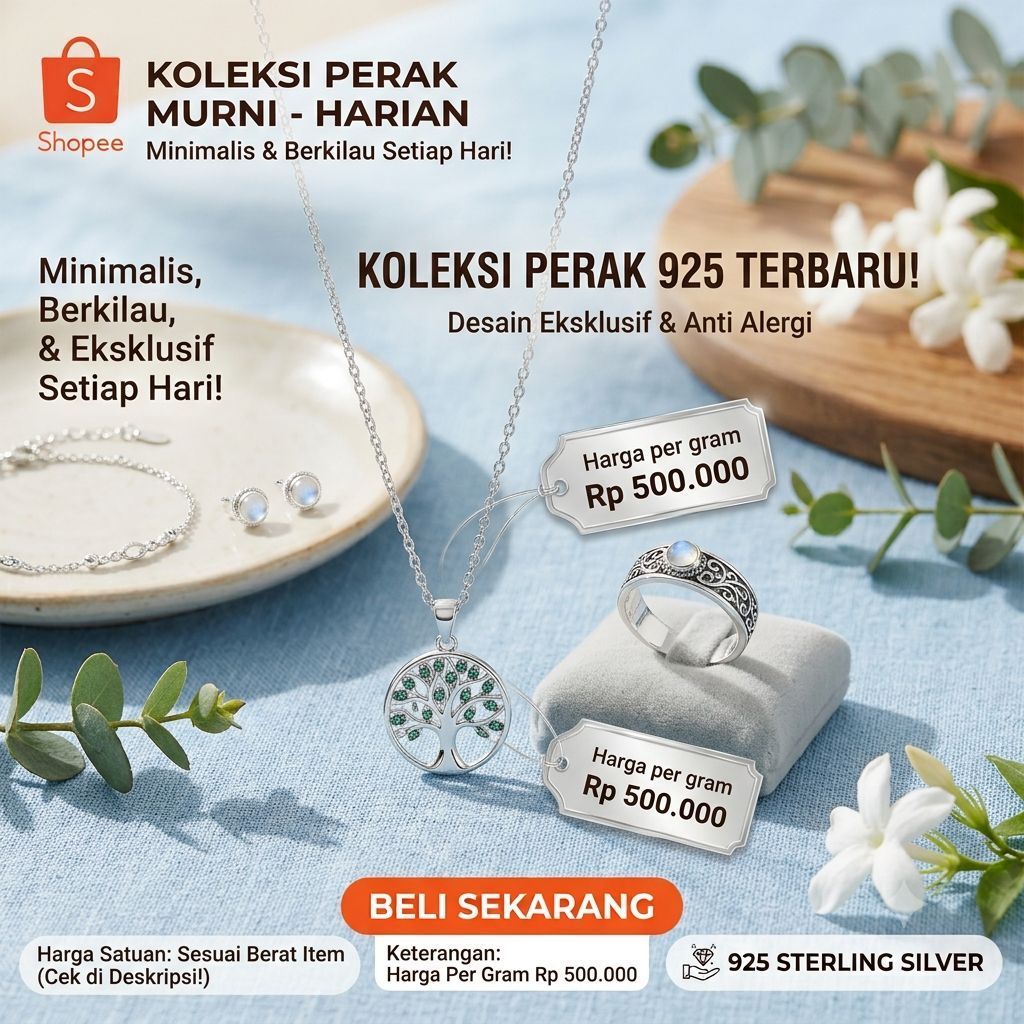 [SET PERAK 925] Kalung & Cincin Perak Asli Anti Karat - Cincin Perak Wanita Minimalis Elegant (Harga