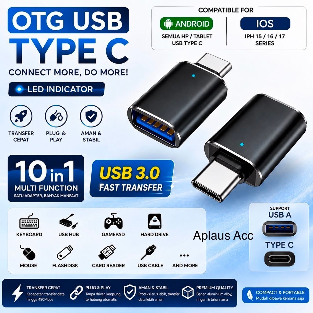 ( GROSIRAN) Adapter OTG Type c Male To USB 3.0 Female LED AP-001 Type C Fast