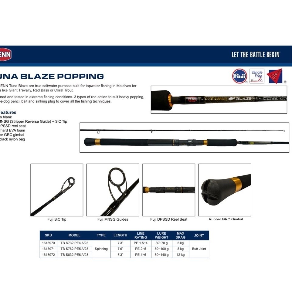 Penn Tuna Blaze Popping Rod PE 1.5-6 Original | Joran Popping Laut Fuji SIC Guide Powerful Blank