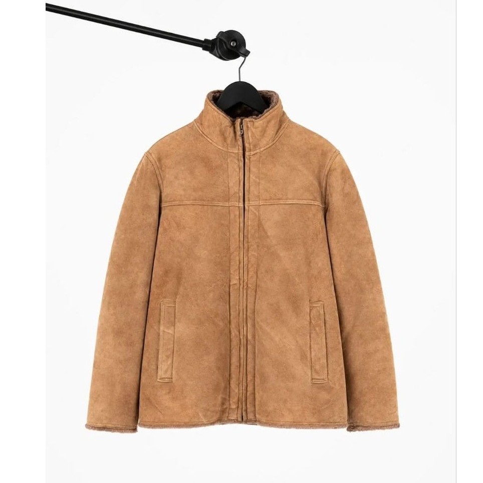FINWAY - Jaket Shearling Suede Leather Sherpa Winter Pria Coklat Size M