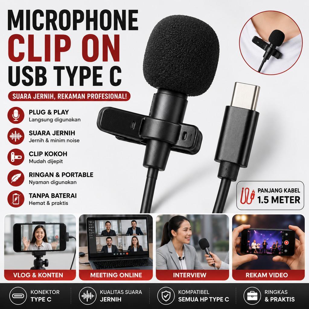 Microphone Clip On USB Type C Smartphone Lavalier Mic Plug Play Suara Jernih Vlog Interview Meeting 