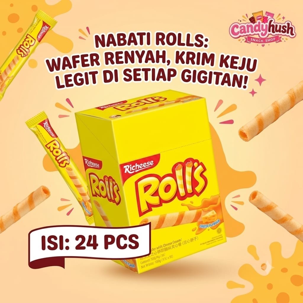 Richeese Rolls Keju Isi 24 Pcs Wafer Roll Snack Keju