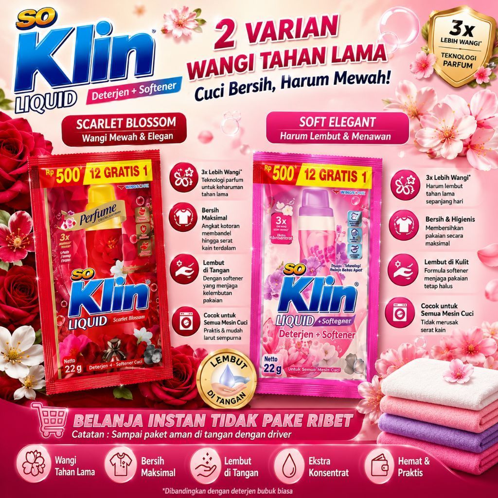 SOKLIN LIQUID CAIR SACHET RENCENG ISI 24 x 22ml ANTI BACTERIAL DETERGEN PAKAIAN ECERAN WHITE BRIGHT 