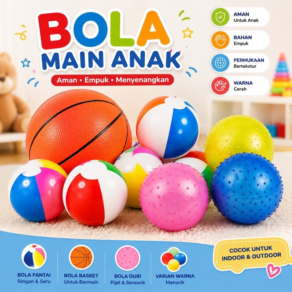 Mainan Anak Bola Pantai Bola Basket Bola Duri Bola tiup warna warni Mainan Sensorik Motorik Anak Bay