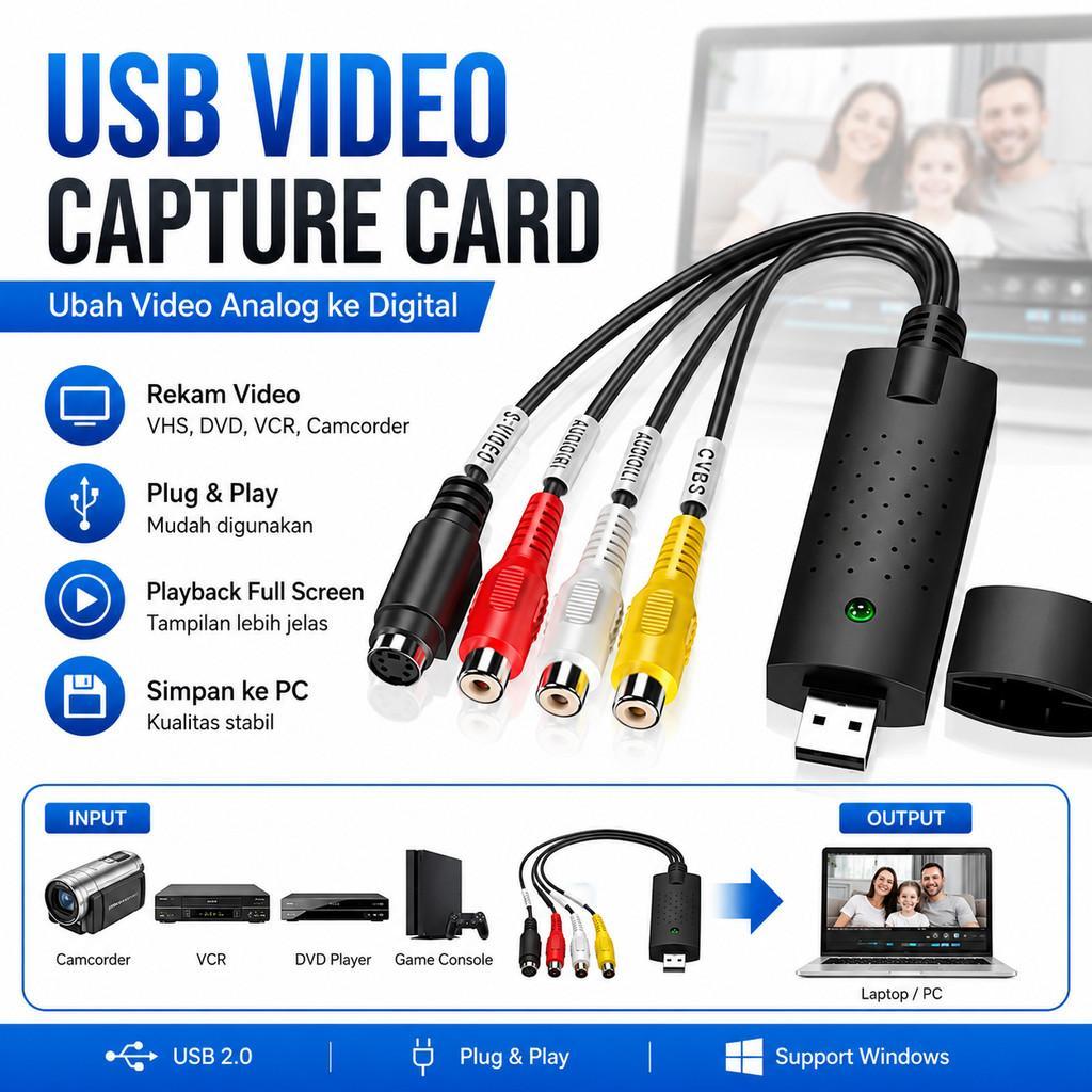 USB Video Capture RCA S-Video To USB Converter Transfer VHS VCR Camcorder Ke Laptop PC Alat Ubah Vid