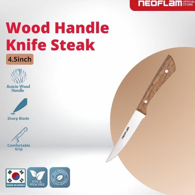 Bestgood- NEOFLAM Wooden Handle Knife Steak 4.5" - Pisau Gagang Kayu Stainless Steel & Tajam