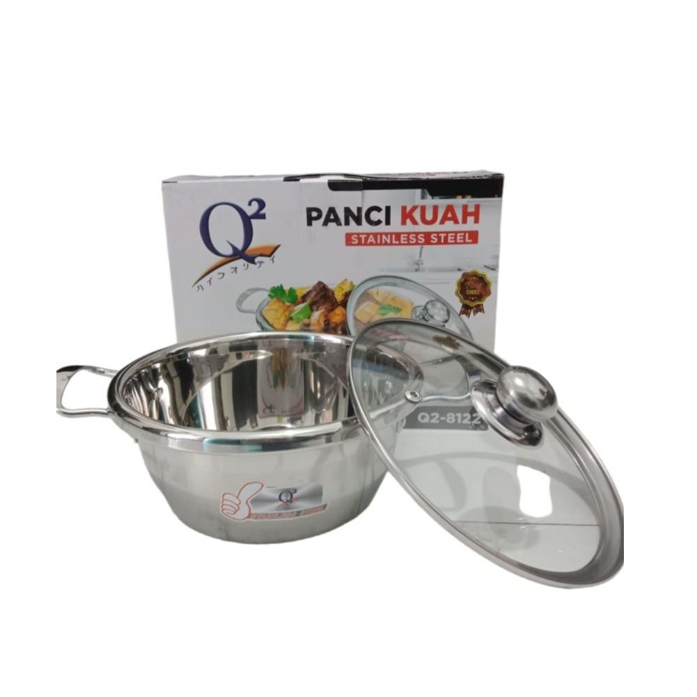 Q2 Panci Kuah Stainless Steel Q2 22cm Q2-8122 Panci Tutup Kaca Serbaguna
