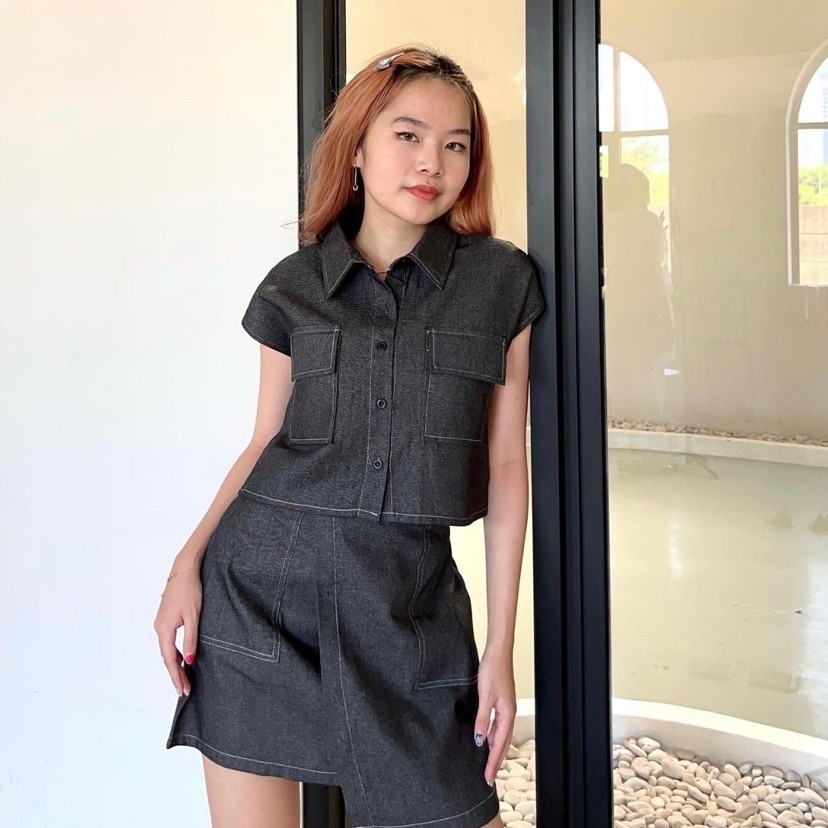[SENCILLA] Miya Set | Denim Set Women - Crop Shirt & High Waist Skirt Casual Style Pocket