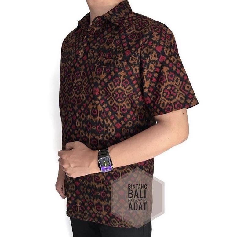 Kemeja Pria Etnik Motif Endek Bali Arjuna Lengan Pendek Batik Bali Hitam Merah