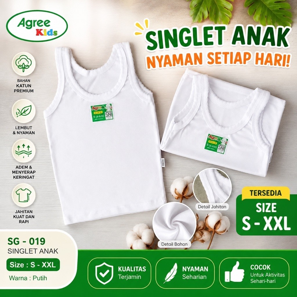 Isi 3pcs Kaos Dalam Agree SF 019 Singlet Anak Perempuan Laki-laki