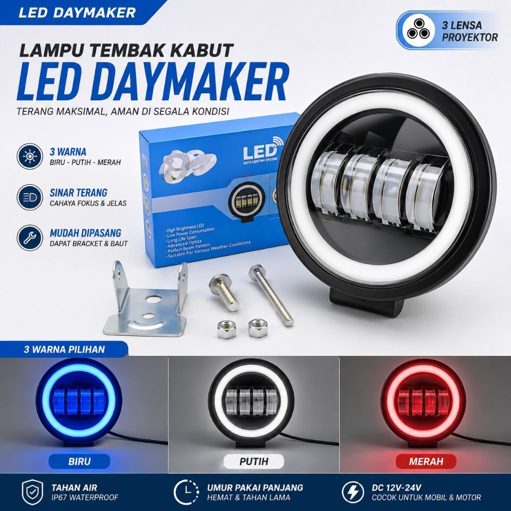 LAMPU FOGLAMP DAYMAKER LED TEMBAK SOROT BULAT KOTAK RING ANGEL EYE DRL MOTOR MOBIL UNIVERSAL 4 INCH